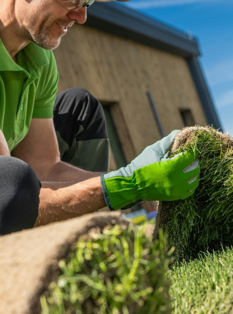 Professional Landscaper Laying Grass on Lawn